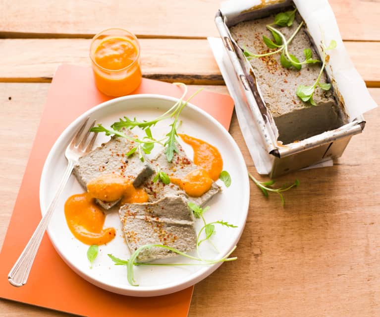 Aubergine papeton with tomato coulis