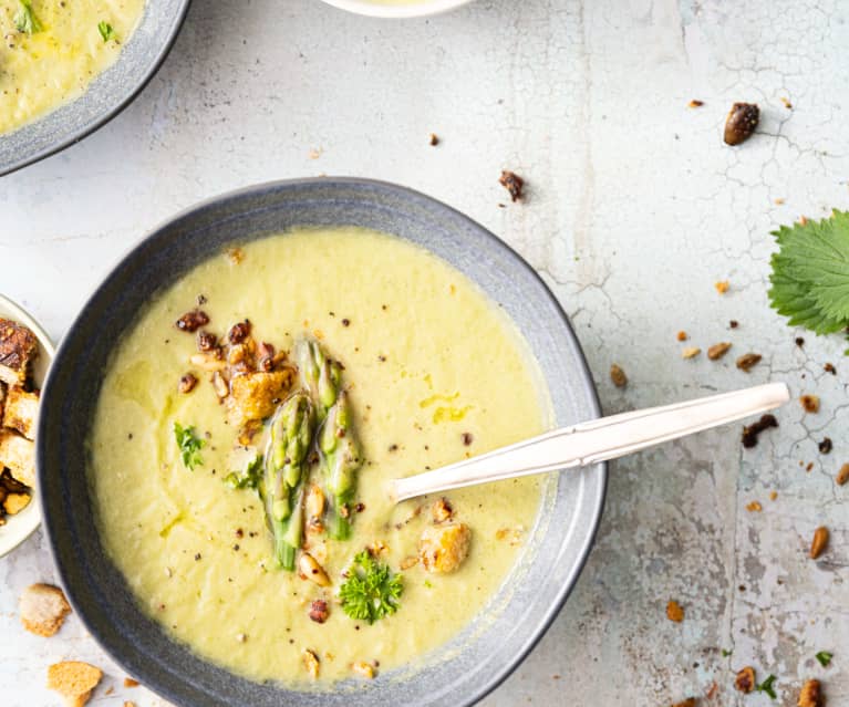 Vegetable and Nettle Cream Soup with Aromatic Granola