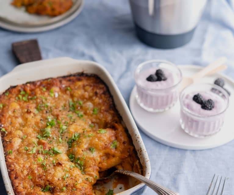 Menu: Massa de atum gratinada e mousse de amora