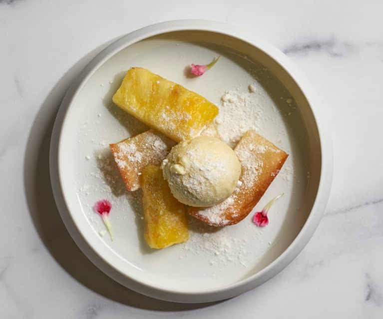 Butter Mochi with Pineapple Sherbet (Matthew Kenney)