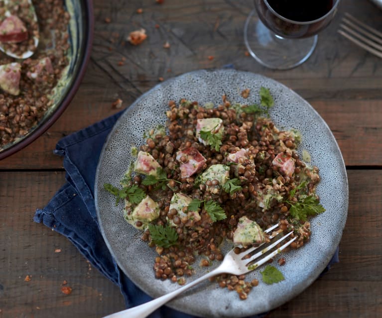 Salade de lentilles et saucisse de Morteau à la moutarde