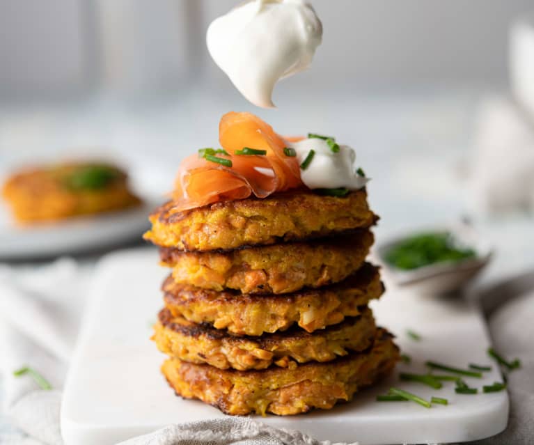 Sweet Potato Fritters with Greek Yoghurt, Smoked Salmon and Chives (TM5) Sweet Potato Fritters with Greek Yoghurt, Smoked Salmon and Chives (TM5)