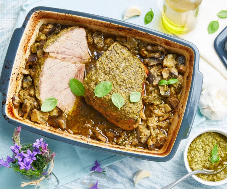 Rôti de veau au pesto roquette-basilic et ses légumes du soleil