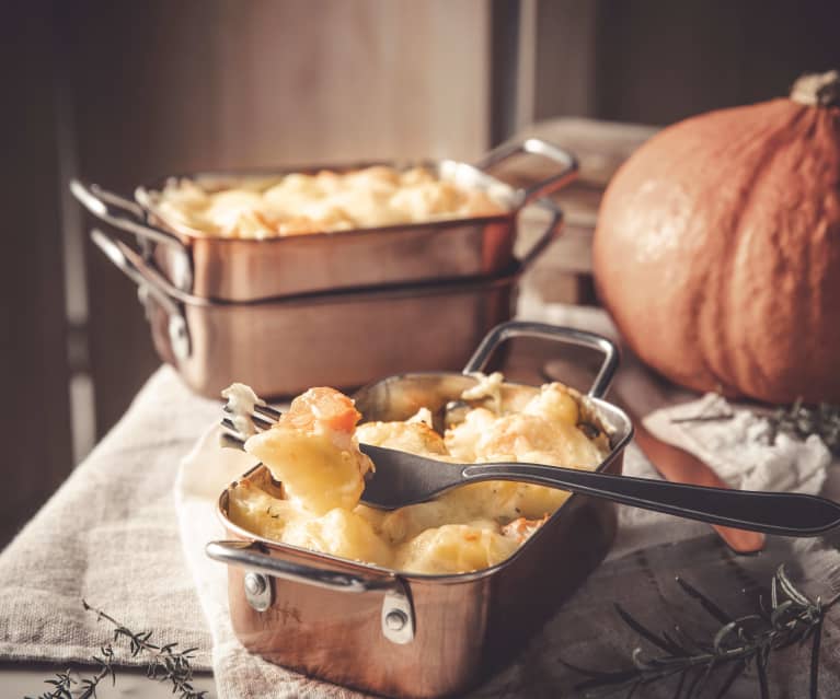 Gratin de potimarron et pommes de terre, béchamel aux herbes et comté