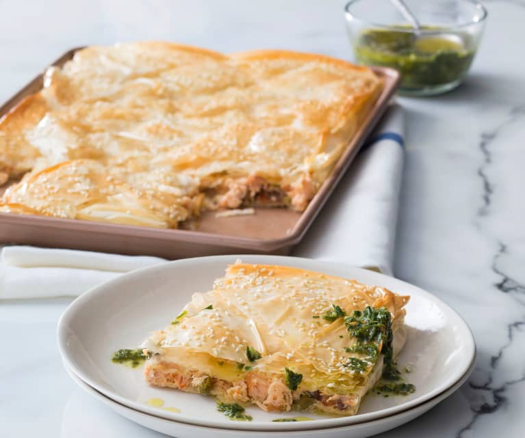 Flaky salmon pie with herb dressing