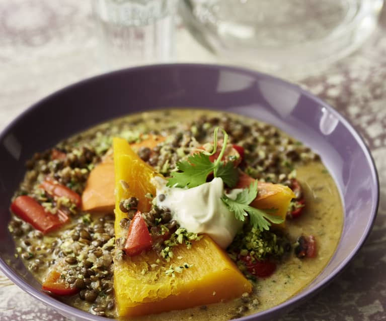 Lenticchie al curry e zucca al vapore