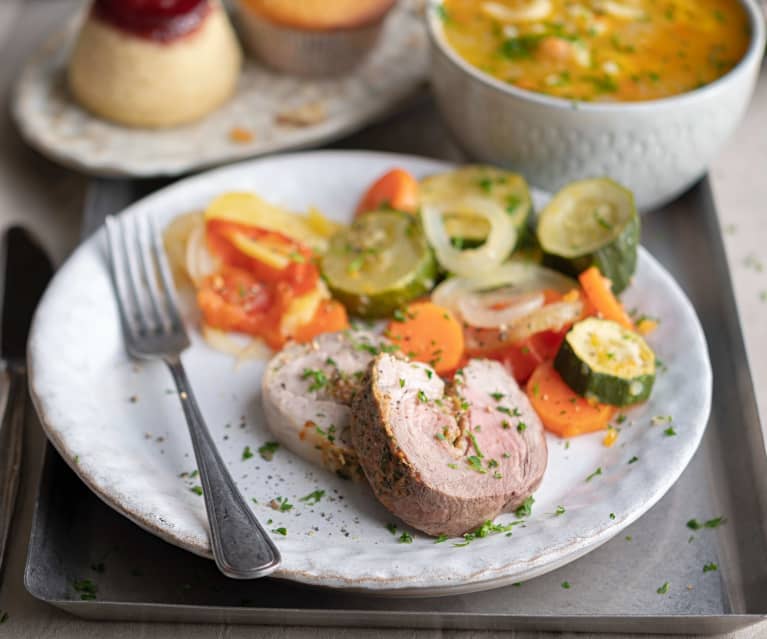 Minestrone, Pork Roll with Vegetables, Steamed Raspberry Puddings, Berry Muffins