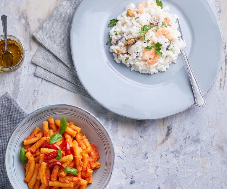 Risotto ai frutti di mare e Sedanini alla crema di peperoni (Bimby Friend)