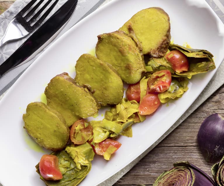 Scaloppine di seitan con carciofi, porri e pomodorini