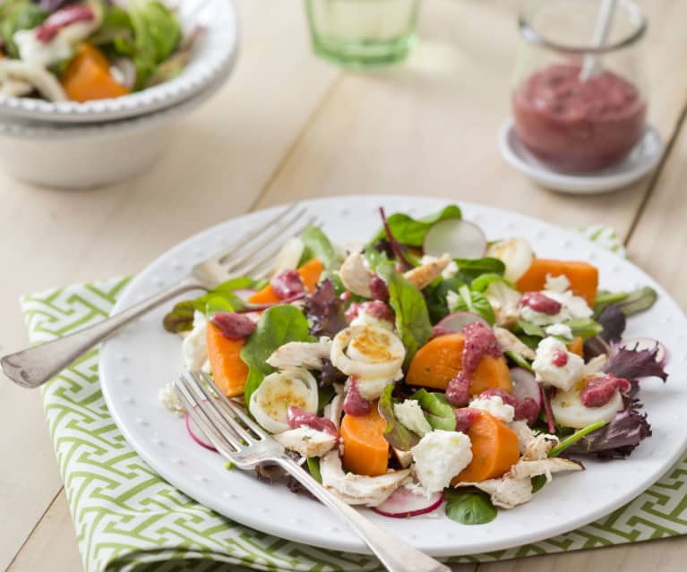 Shredded chicken and sweet potato salad with cranberry dressing