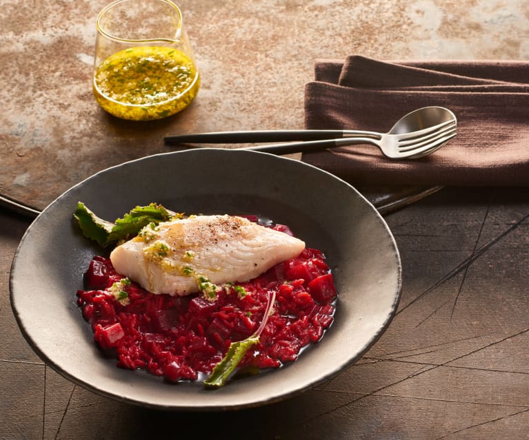 Rote-Bete-Risotto mit Kabeljau und Meerrettichöl