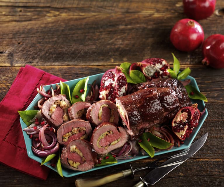 Pomegranate Glazed Stuffed Beef Tenderloin