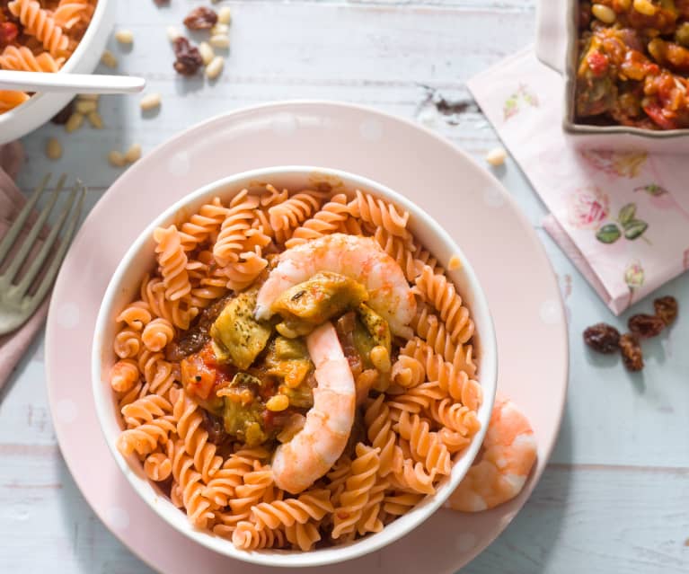 Pasta integral con bacalao y berenjena al pimentón