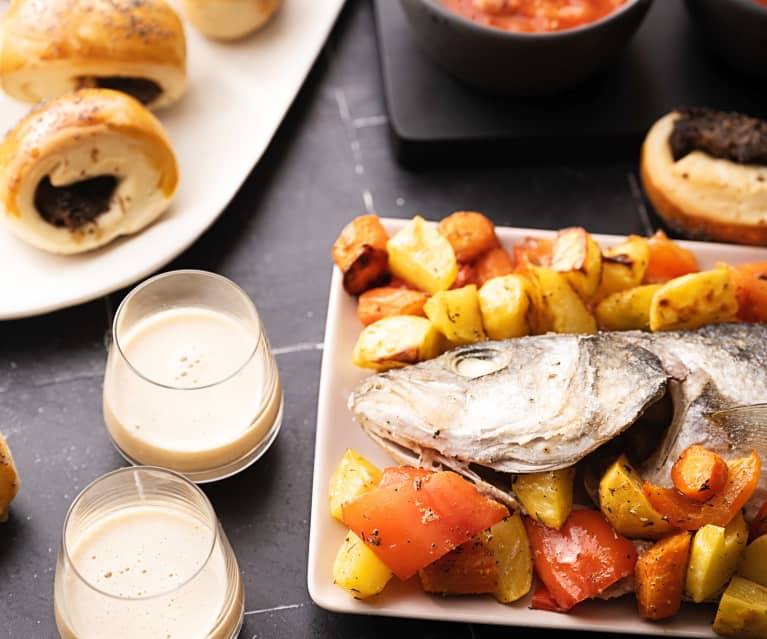 Menù: Panini ai funghi; zuppa di barbabietola, branzino al sale con verdure arrosto e zabaione alla vodka