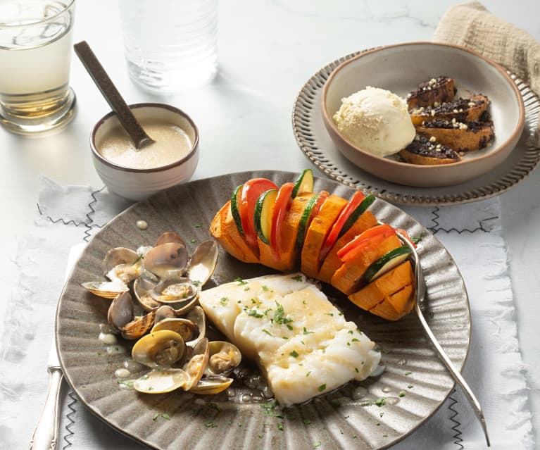 Menu: Bacalhau fresco com amêijoas e batata-doce assada e Pera com chocolate