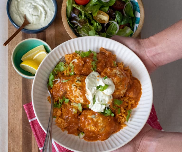 Chicken meatballs in smoky tomato and eggplant sauce