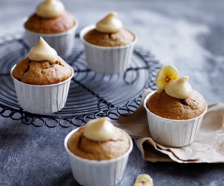 banana cupcake with peanut butter frosting