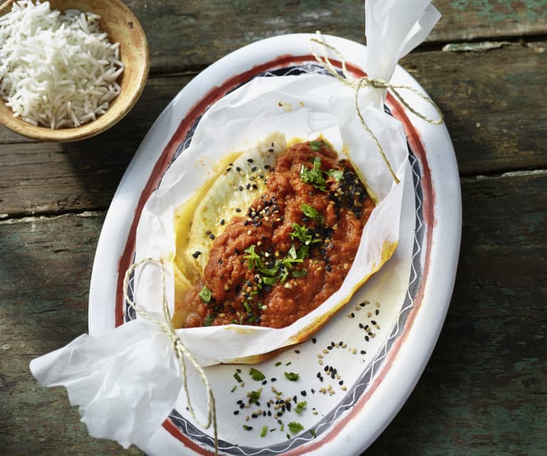 Steinbutt-Curry-Schiffchen mit Basmatireis (Indien)