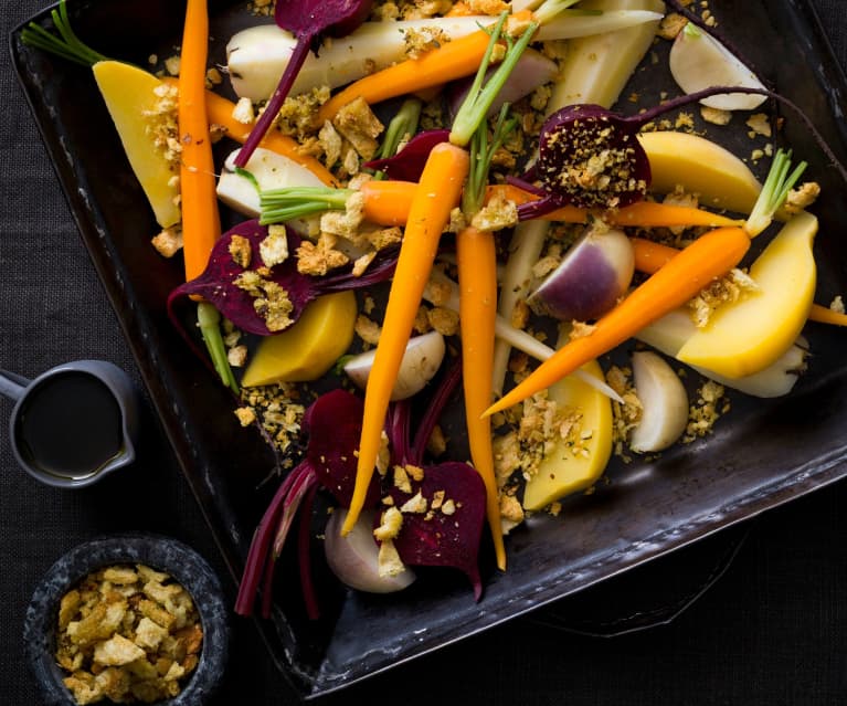 Root vegetables with hazelnut pangrattato