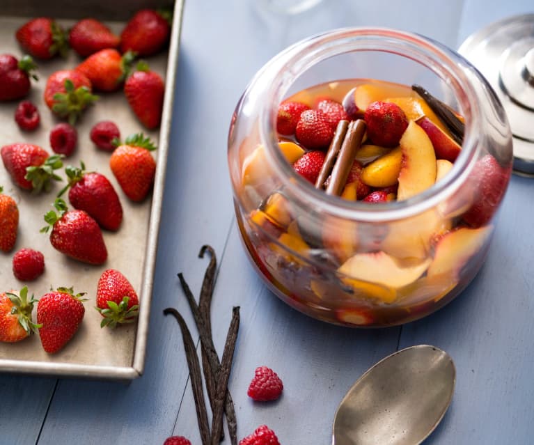 Summer fruits in mulled cider syrup