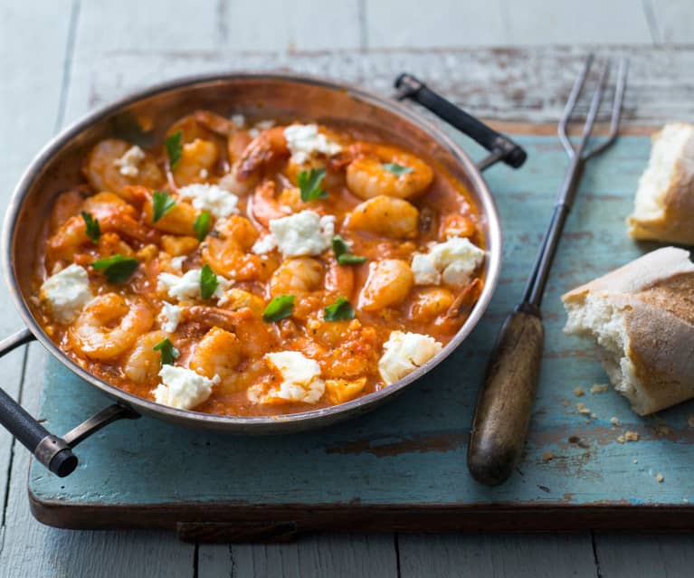 Prawn saganaki with feta