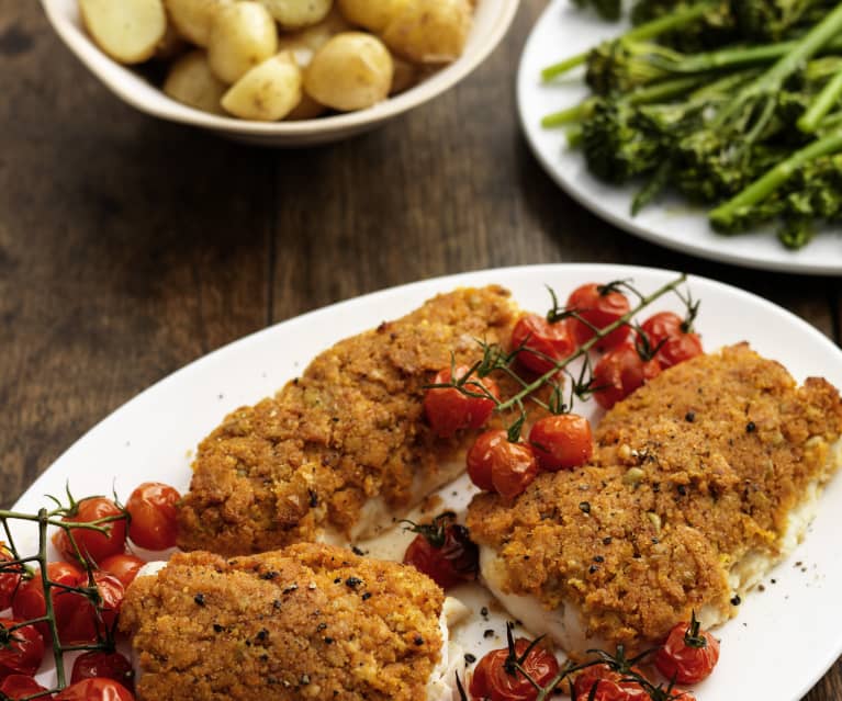 Cod with Olive and Bread Topping, Potatoes and Tenderstem Broccoli