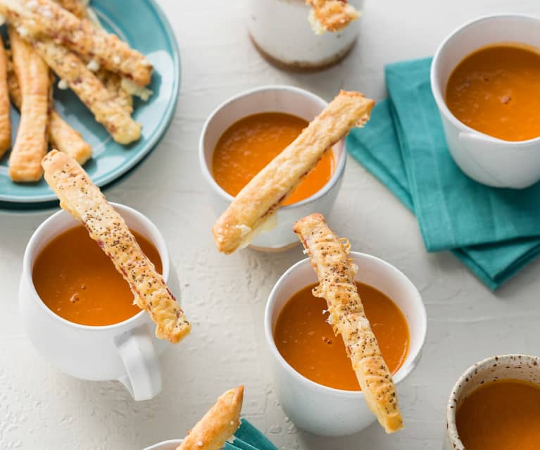 Tomato soup with ham and cheese wands