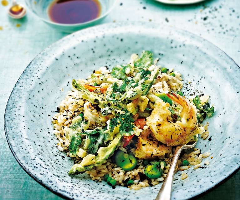 Donburi aux tempura de crevettes et wakamé