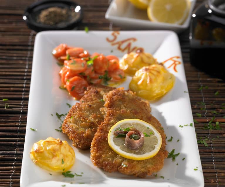 Wiener Schnitzel mit Sahnemöhrchen und Herzoginkartoffeln