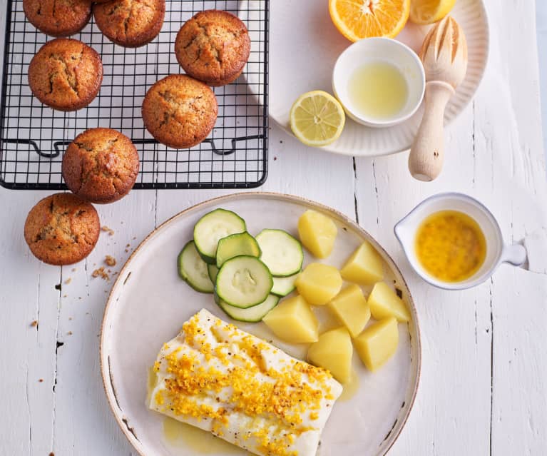 Kabeljau mit Zitrusbutter und Kartoffeln und Schokoladen-Muffins