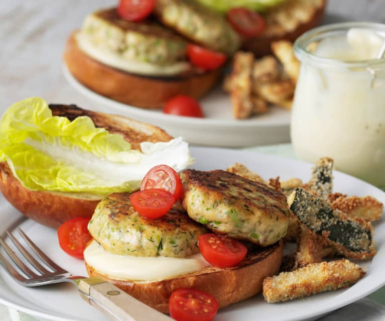 Lemon and herb salmon burgers with zucchini fries