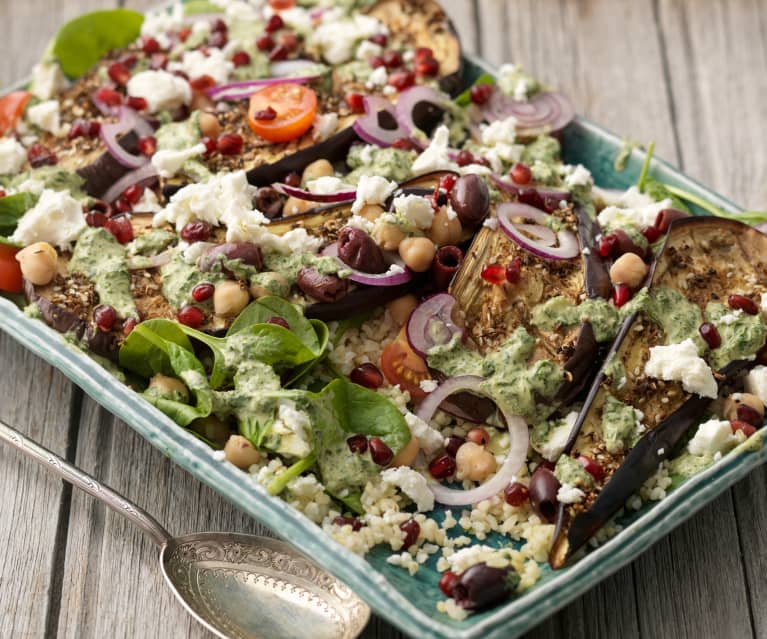 Grillet auberginesalat med tahinidressing