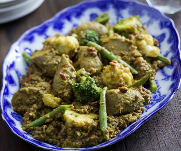 Salsicce al curry con lenticchie