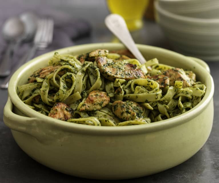 Chicken with spinach and almond pesto tagliatelle