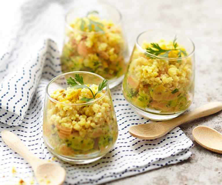 Verrines au tartare de saumon, moutarde douce et agrumes