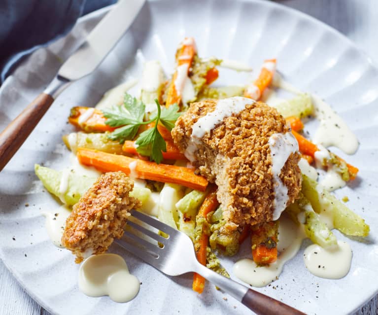 Grünkernfrikadellen mit Gemüse-Pommes und Parmesansauce - Cookidoo ...