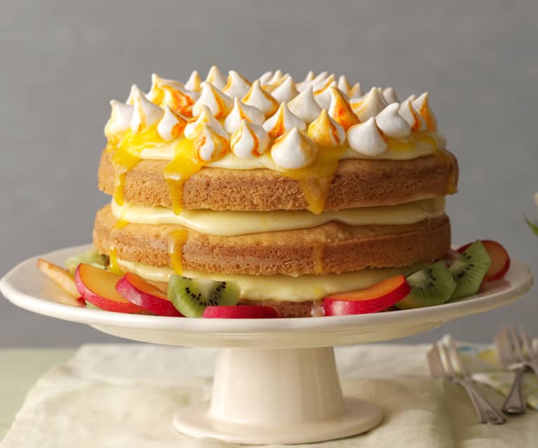 Coconut cake with tropical fruit crumble