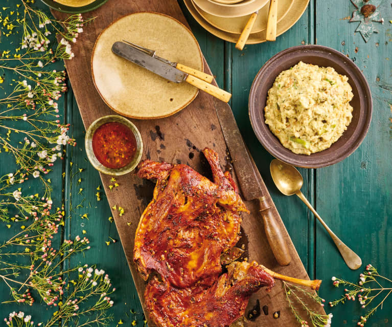 Cabrito no forno com migas de espargos