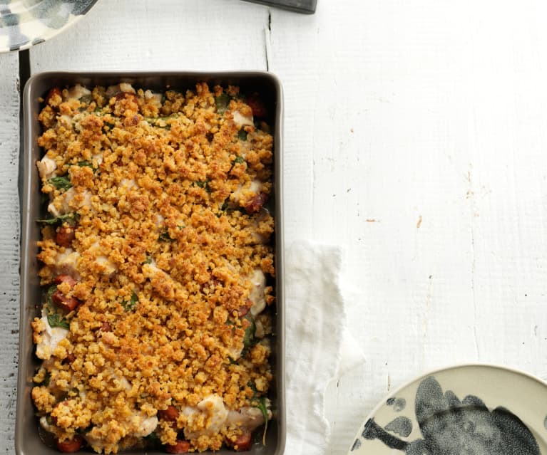 Crumble de frango com linguiça