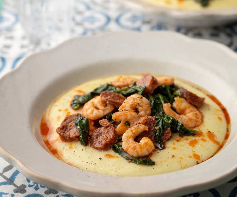 Polenta with Prawns, Chorizo and Spinach