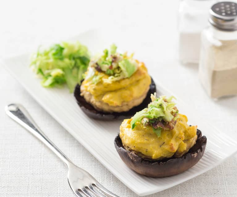 Stuffed Portobello mushrooms with caramelised Brussels sprouts