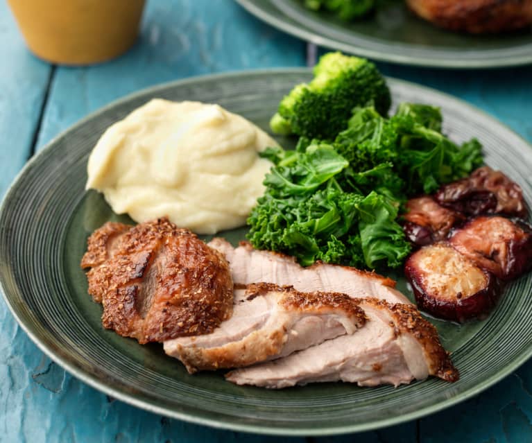 Roast Spiced Duck with Plums and Cauliflower Potato Purée