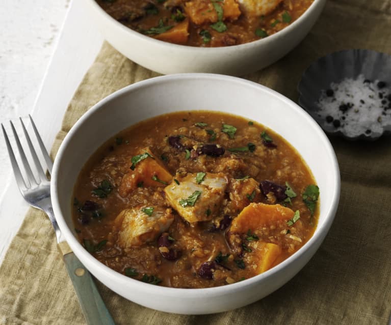 Hähnchen-Eintopf mit Süßkartoffeln und Kidneybohnen