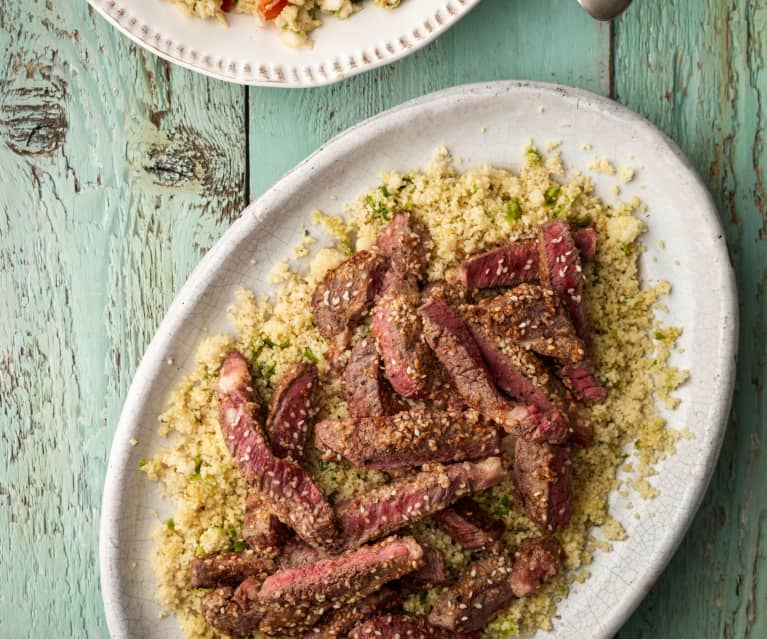 Seared Sesame Steaks with Ginger Chopped Salad and Lime Couscous Seared Sesame Steaks with Ginger Chopped Salad and Lime Couscous