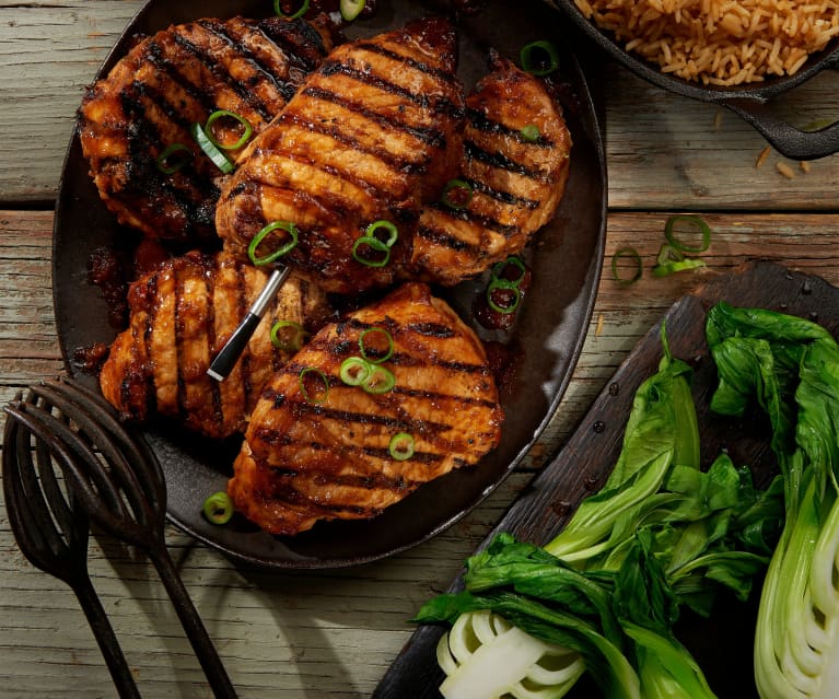 Korean Style Pork Chops with Spicy Rice and Steamed Bok Choy