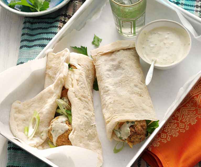 Falafel in square flatbread (R'Gaif bread) with tahini sauce