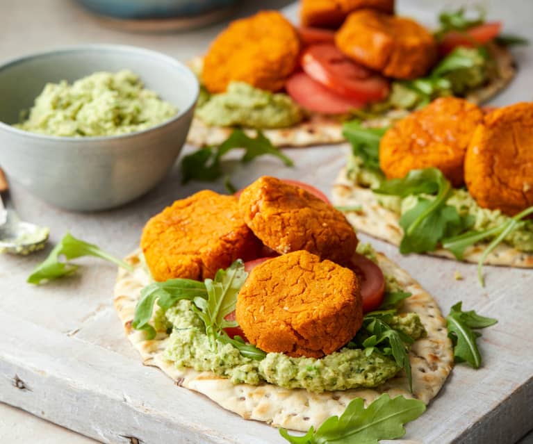 Sweet Potato and Butter Bean Falafel Flatbreads with Broad Bean Houmous 