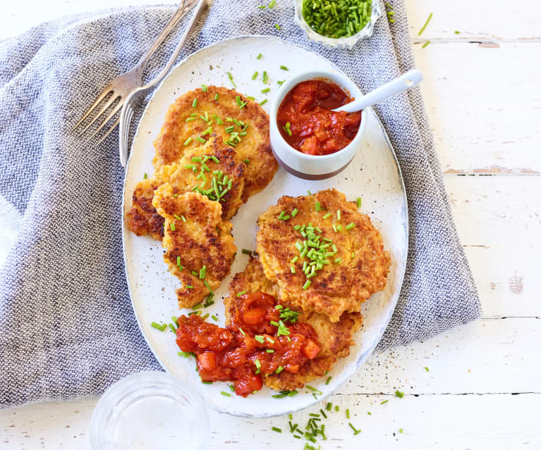 Süßkartoffel-Pancakes mit Chili-Salsa