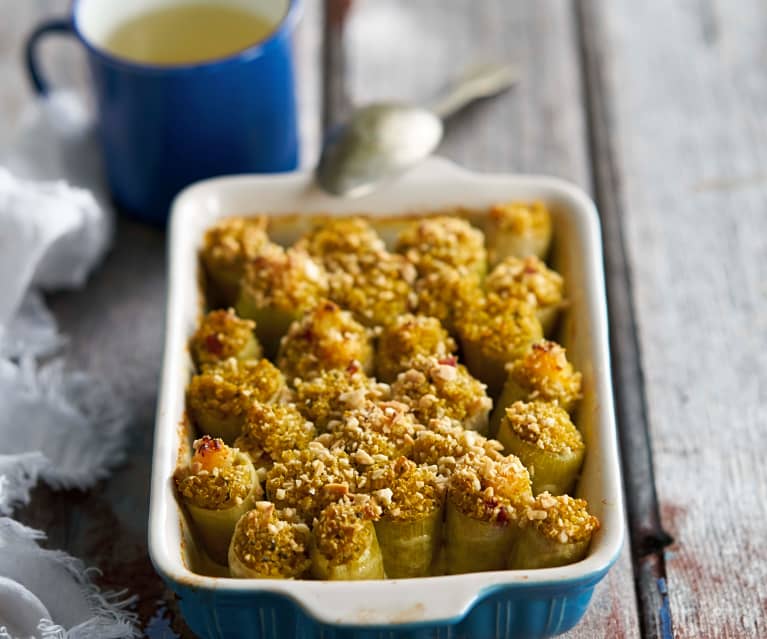 Canelones de alho-francês com quinoa e camarão