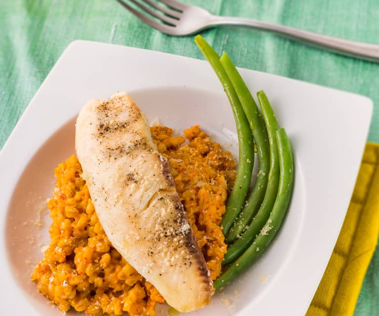 Risotto falso de cebada con pescado blanco